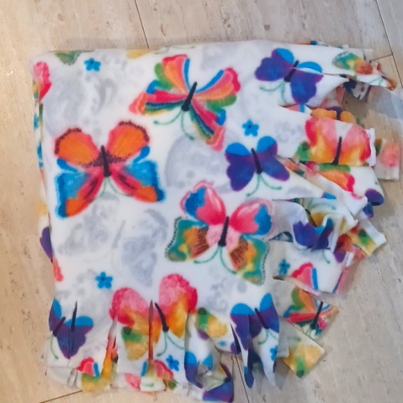 Other - Handcrafted Multi-Colored Butterfly Fleece Fringed Edge Blanket
